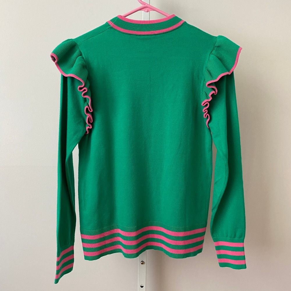 THML Small Green Pink Ruffle Shoulder Striped Trim Long Sleeve Knit Sweater - Picture 6 of 6